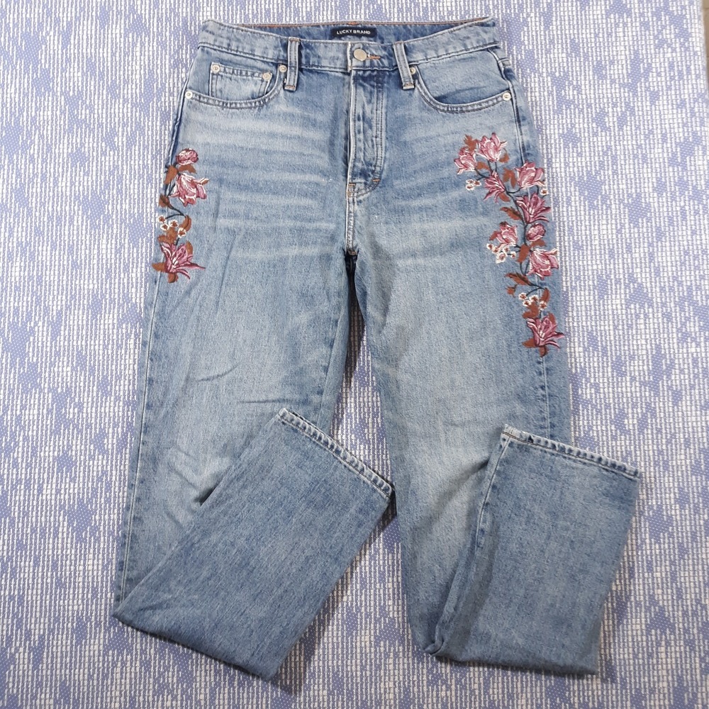 Lucky Brand High Rise Mom Drew Denim Jeans Womens 4 / 27 Blue Floral Button Fly